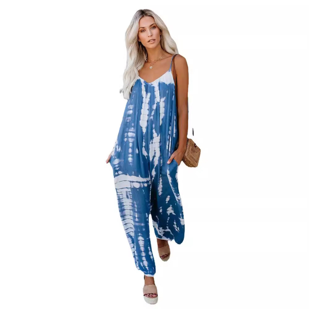 Damen Lässiger Maxijumpsuit aus leichtem Stoff mit Tie-Dye-Muster EB