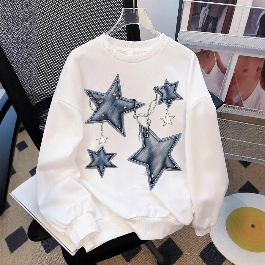 Damen nan lässiges Oversize-Sweatshirt mit gestickten Stern-Applikationen in Jeans-Optik und geripptem Saum EB