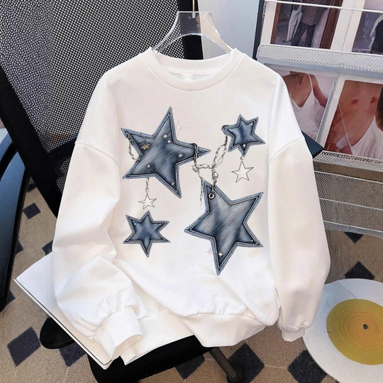 Damen nan lässiges Oversize-Sweatshirt mit gestickten Stern-Applikationen in Jeans-Optik und geripptem Saum EB