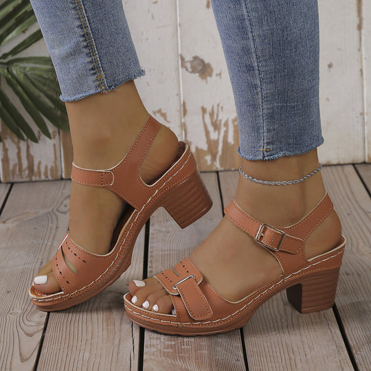 Damen modische Sandaletten mit eleganter Schnalle und Holz-Blockabsatz EB