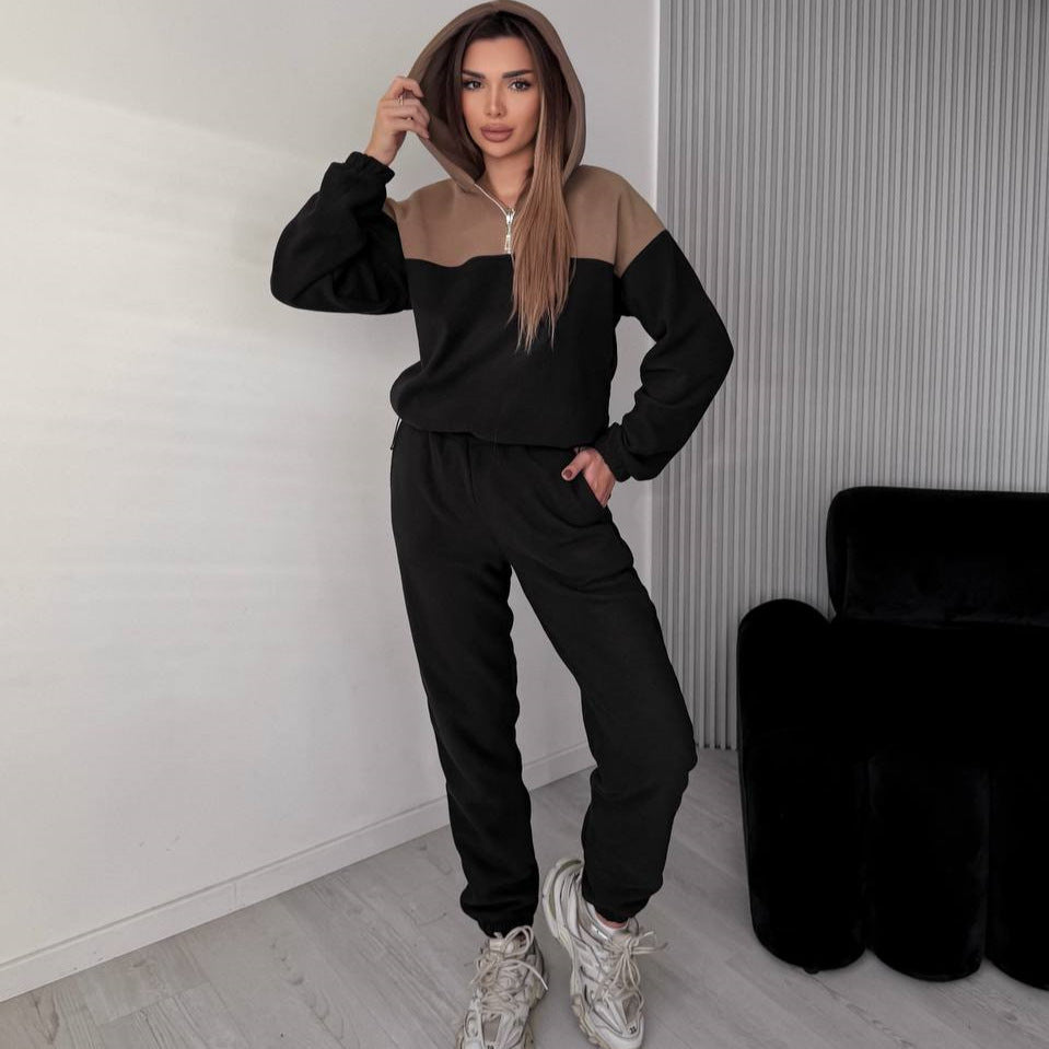 Damen Zweiteiliges Farbblock-Loungewear-Set mit halbem Reißverschluss und schmaler Jogginghose EB