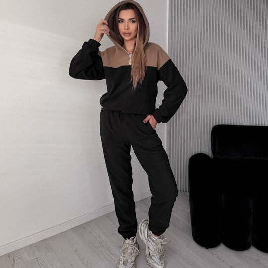 Damen Zweiteiliges Farbblock-Loungewear-Set mit halbem Reißverschluss und schmaler Jogginghose EB