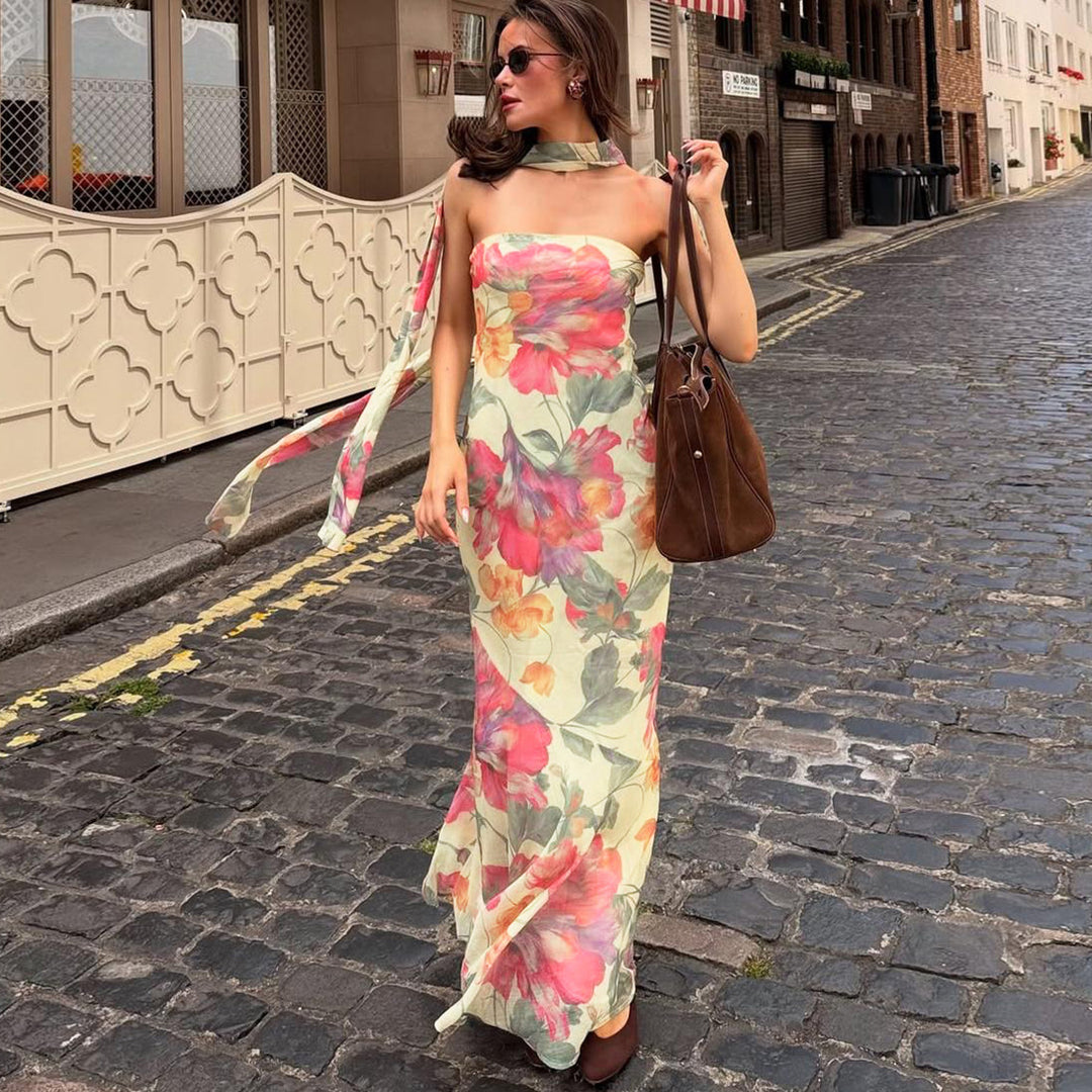Damen Elegantes Maxikleid mit floralem Muster und schicker Rückenschnürung EB