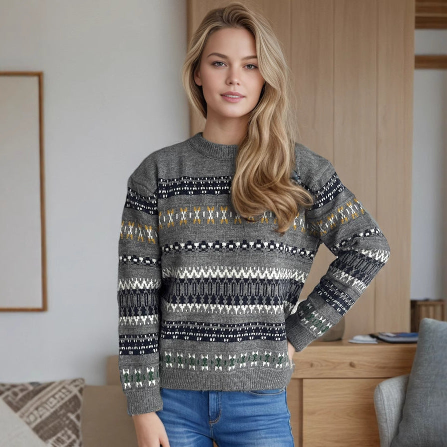 Damen Kuscheliger Strickpullover mit folkloristischem Muster und hohem Kragen EB