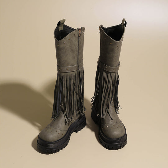 Damen Overknee-Stiefel mit modischem Fransen-Design und robustem Profil EB