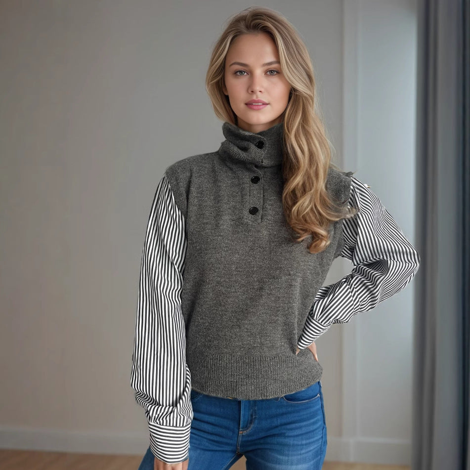 Damen Strickpullover mit modernem Kragen und eleganten gestreiften Ärmeln EB