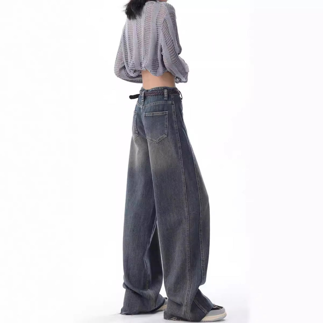 Damen Weite High-Waist Jeans mit lässigen Falten und modischem Design EB