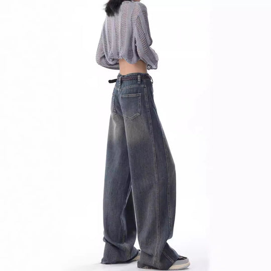 Damen Weite High-Waist Jeans mit lässigen Falten und modischem Design EB