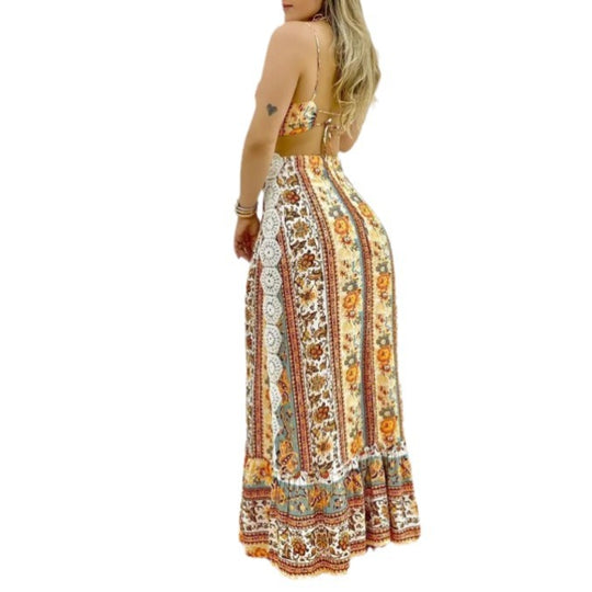 Damen Zweiteiliges Boho-Outfit mit floralen Mustern und Rüschen EB