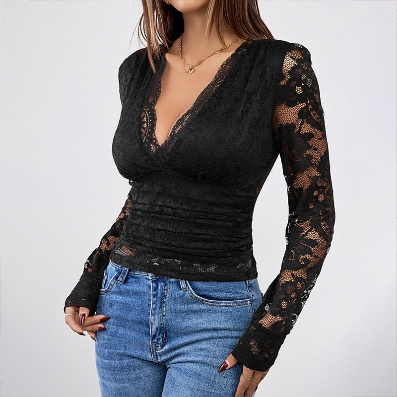 Damen Spitzenbluse mit tiefem V-Ausschnitt und langen Ärmeln EB