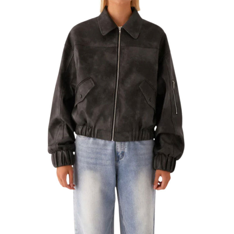 Damen lässige Kunstlederjacke mit voluminösen Ärmeln EB