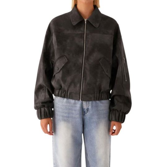 Damen lässige Kunstlederjacke mit voluminösen Ärmeln EB