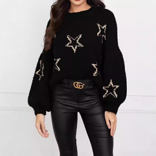 Damen Strickpullover mit Sternen-Design und weit ausgestellten Ärmeln EB
