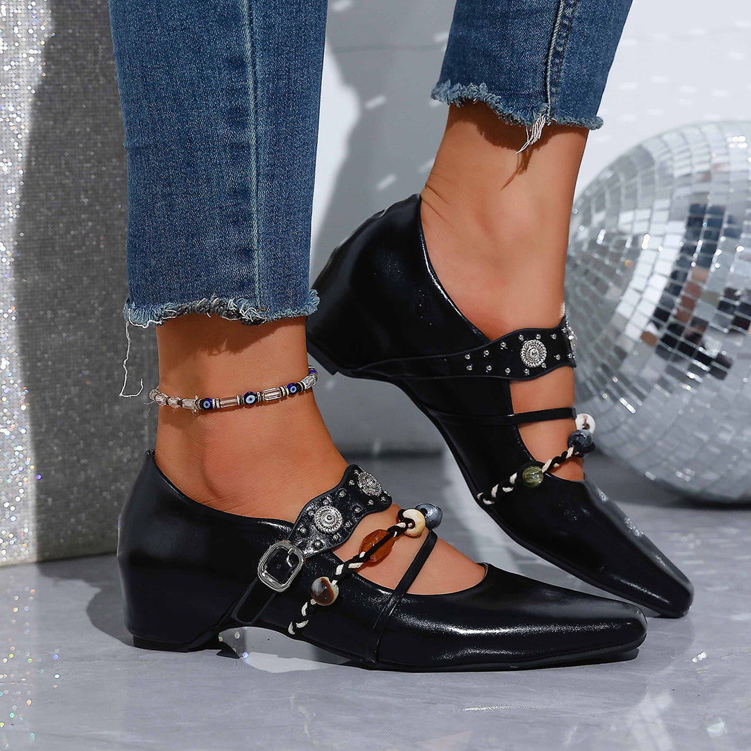 Damen  spitze Ballerina-Slipper mit doppeltem Schmuckriemen und verstellbarer Metallschnalle EB