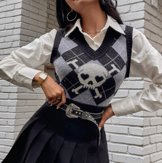 Damen Strickweste mit kreativem Totenkopf-Muster EB