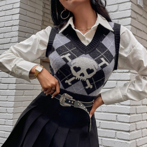 Damen Strickweste mit kreativem Totenkopf-Muster EB