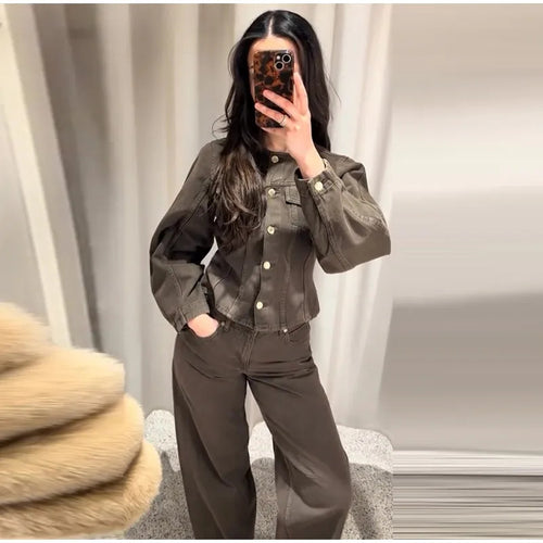 Damen Modische Jeansjacke mit Puffärmeln und dekorativen Knöpfen EB