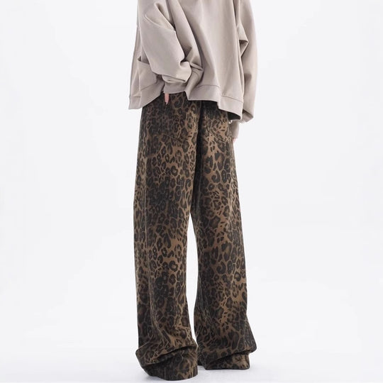 Damen Weite Leoparden-Jeans mit lässigem Schnitt und hoch tailliertem Design EB