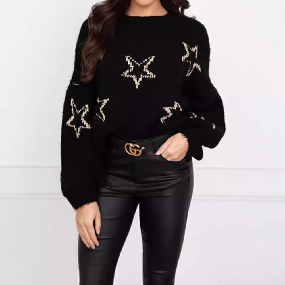 Damen Strickpullover mit Sternen-Design und weit ausgestellten Ärmeln EB