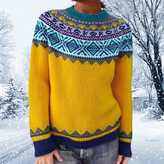Damen nan melierter Rundhalsausschnittpullover mit kreisförmigem Jacquard-Yoke und geripptem Saum EB