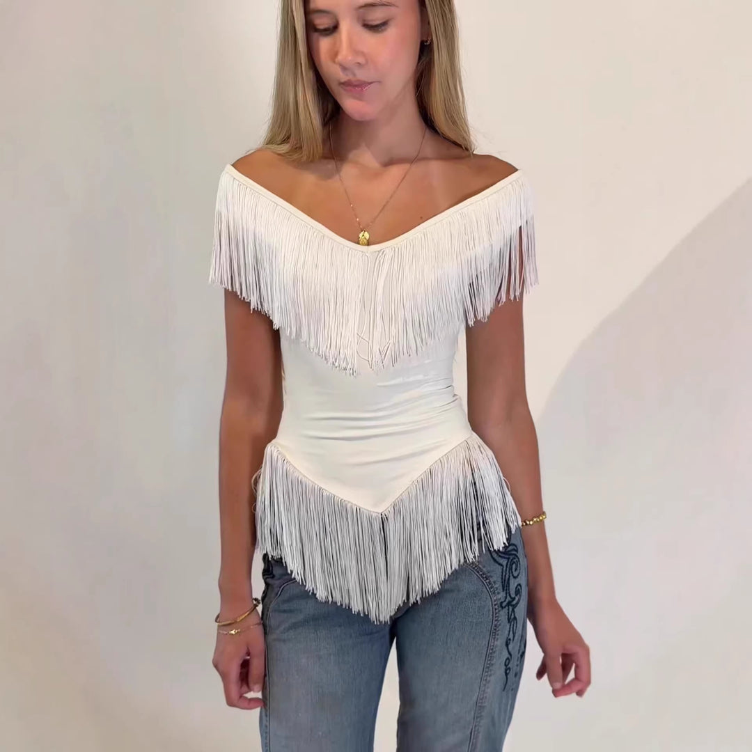 Damen Top mit fransigem Detail und Off-Shoulder-Design EB