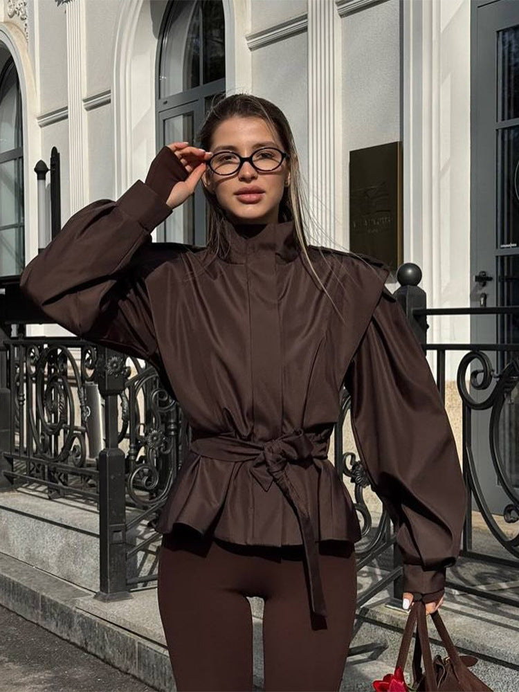 Damen Bluse mit hohen Kragen und elastischem Taillengürtel EB