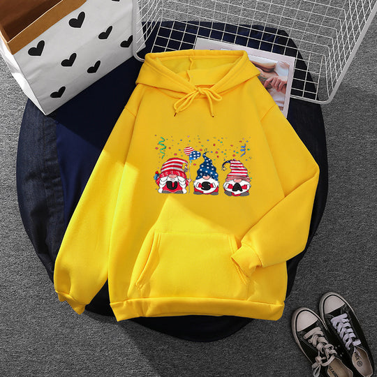Damen nan Kapuzenpullover mit patriotischem Gartenzwerg-Print, angerautem Fleece-Innenfutter, Oversize-Schnitt und Kängurutasche EB