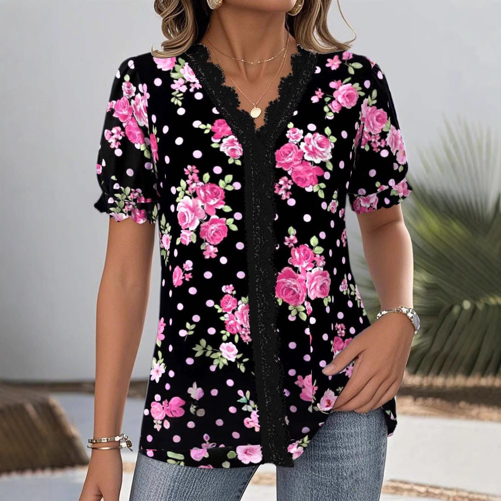 Damen nan V-Ausschnitt-Bluse mit Spitzenborte, Puffärmeln und floralem Punktmuster EB