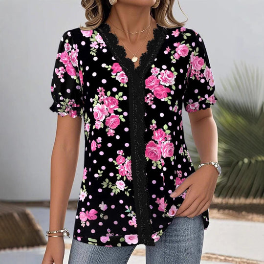 Damen nan V-Ausschnitt-Bluse mit Spitzenborte, Puffärmeln und floralem Punktmuster EB