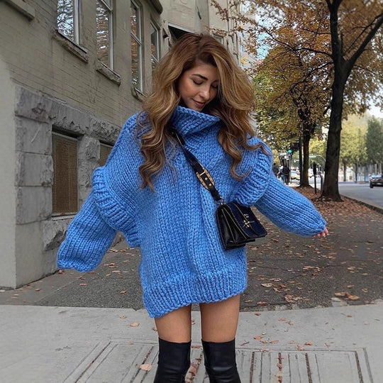 Damen Oversized Strickpullover mit hohem Kragen und voluminösen Ärmeln EB