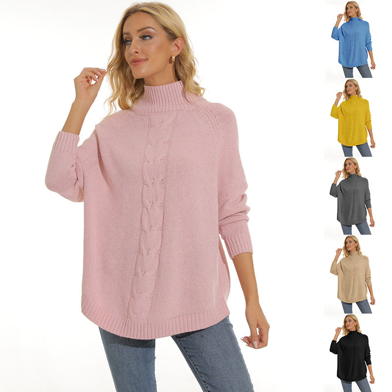 Damen gemütlicher Strickpullover mit hochgeschlossenem Kragen und modischem Zopfmuster EB