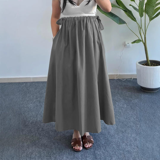Damen Fließender Midirock mit hohem Smokbund, Bindeschleifen und Eingrifftaschen EB