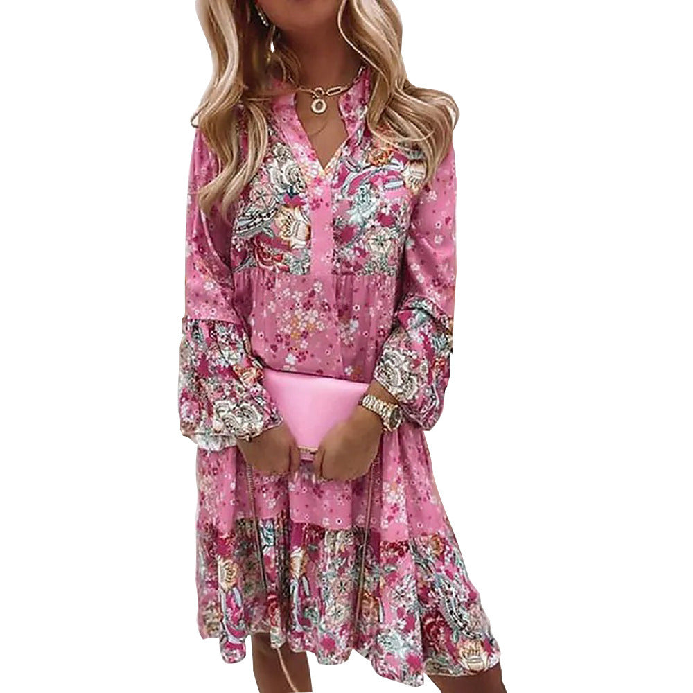 Damen nan leichtes Stufen-Babydollkleid mit V-Ausschnitt und Ballonärmeln EB