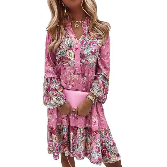 Damen nan leichtes Stufen-Babydollkleid mit V-Ausschnitt und Ballonärmeln EB