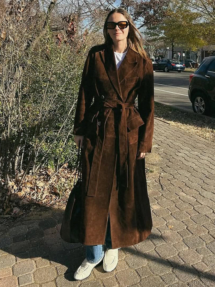 Damen Eleganter Wildledermantel mit Taillengürtel EB