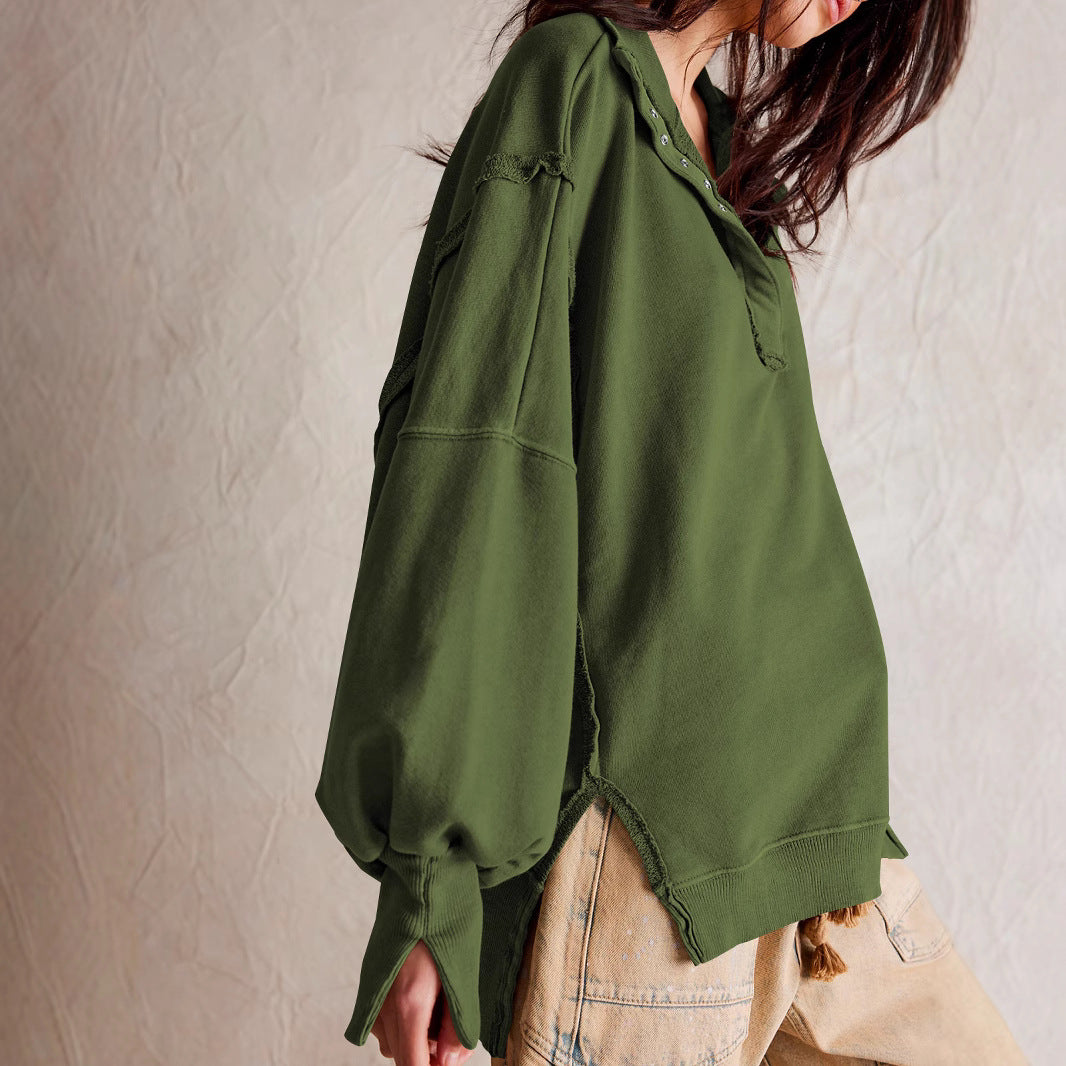 Damen Oversized Sweatshirt mit modischem Kragen und distressed Details EB
