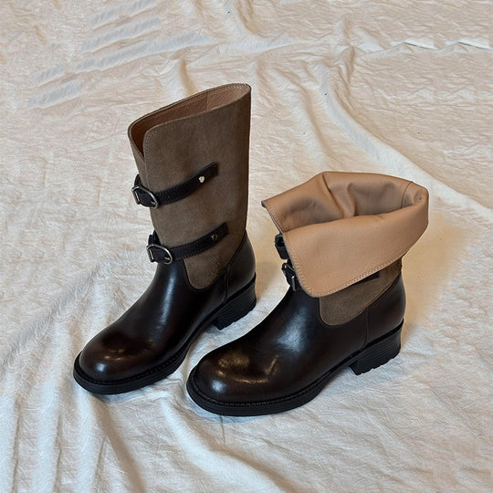 Damen Stiefel mit modischem Falten-Design und verstellbaren Schnallen EB