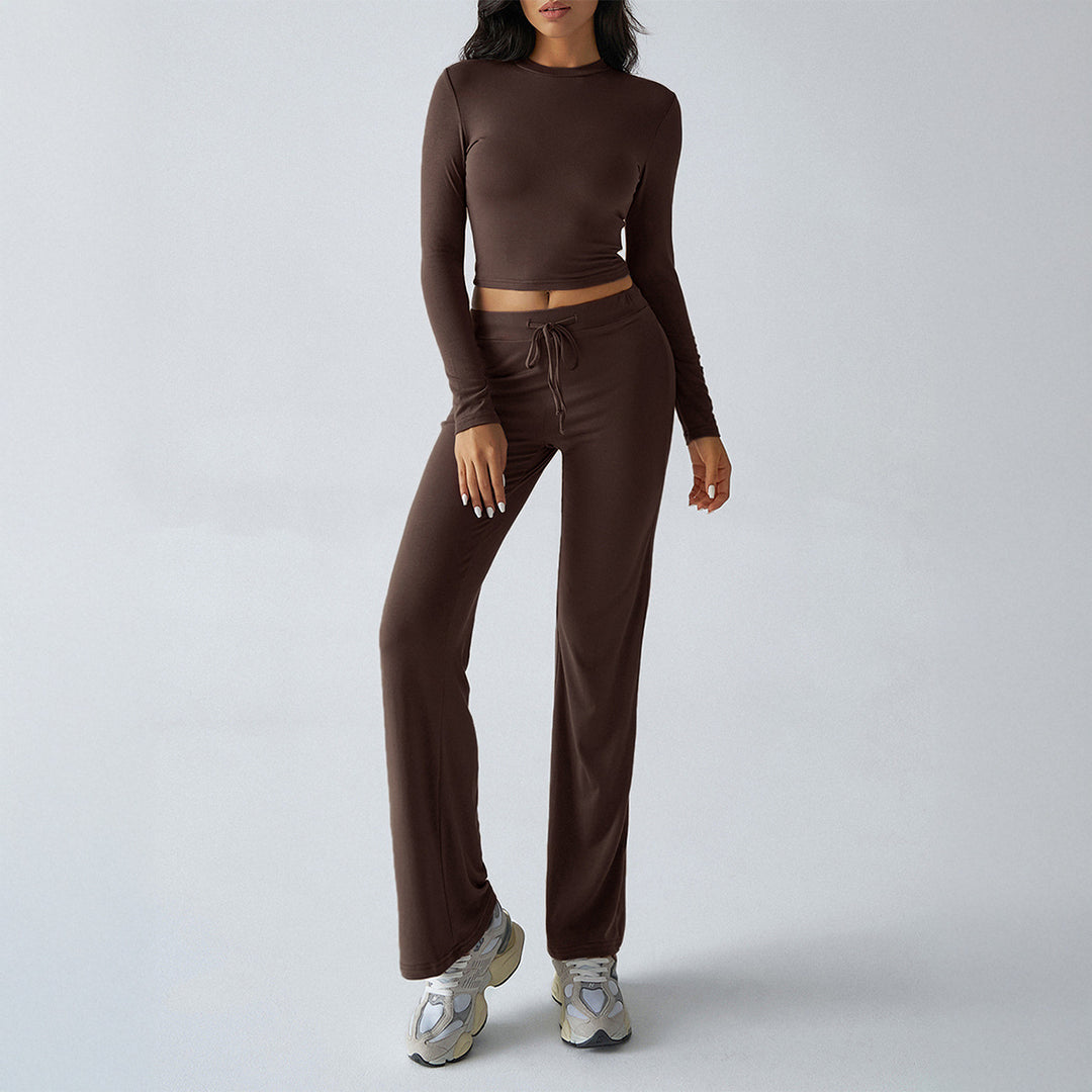 Damen nan tailliertes Longsleeve-Crop-Top und weite Lounge-Hose im Zweiteiler-Set aus Stretchjersey EB