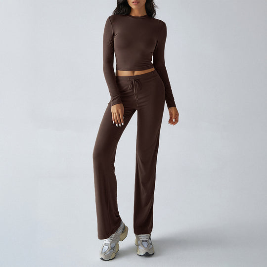 Damen nan tailliertes Longsleeve-Crop-Top und weite Lounge-Hose im Zweiteiler-Set aus Stretchjersey EB