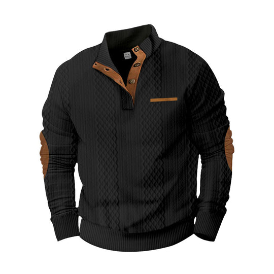 Herren Strukturiertes Kabelstrick-Sweatshirt mit Halbknopfblende, Kunstleder‑Patchtasche & Ellbogenpatches EB