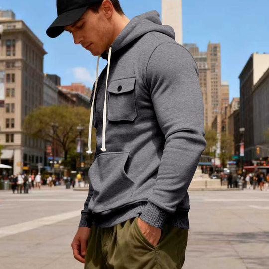 Herren Kapuzenpullover mit Brustklappentasche, Kängurutasche & Rippbündchen EB