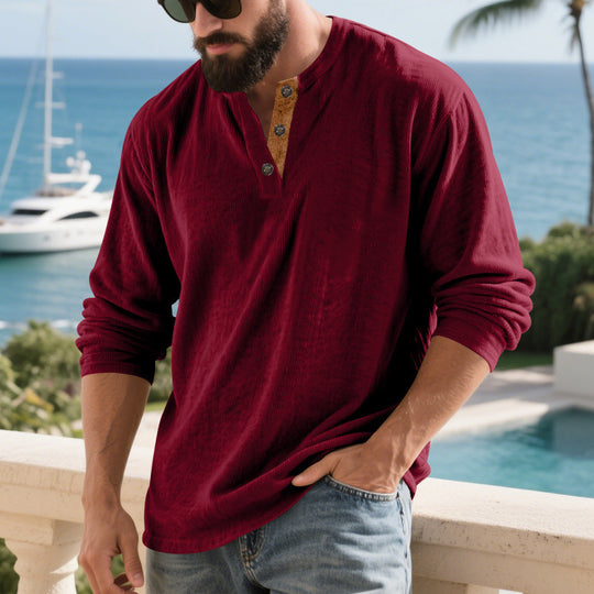 Herren Langarm-Henley-Shirt mit strukturiertem Material und modischen Knopfdetails EB