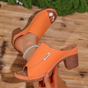 Damen Komfortable Open-Toe Pantoletten mit Holz-Optik EB