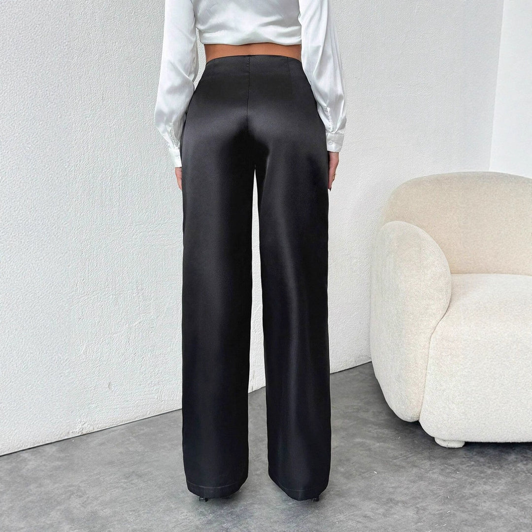 Damen elegante, weite Satin-Hose mit hohem Bund und fließendem Schnitt EB
