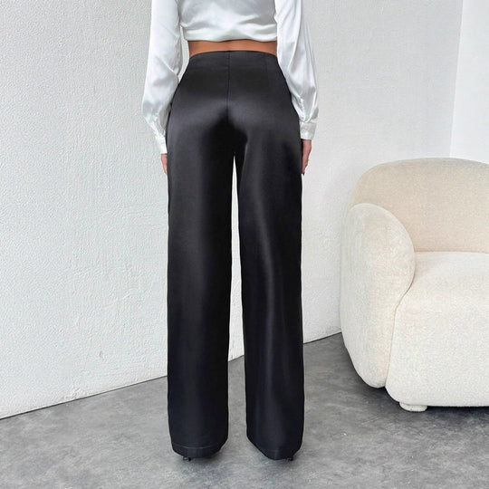 Damen elegante, weite Satin-Hose mit hohem Bund und fließendem Schnitt EB