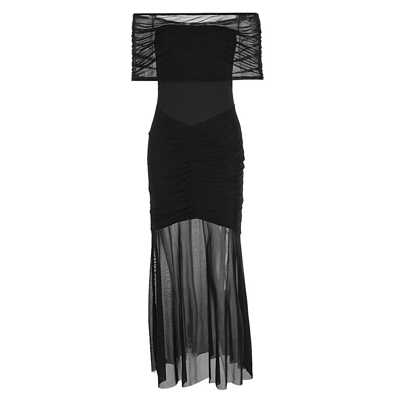 Damen Elegantes Maxi-Kleid mit schulterfreiem Design und Raffungen EB