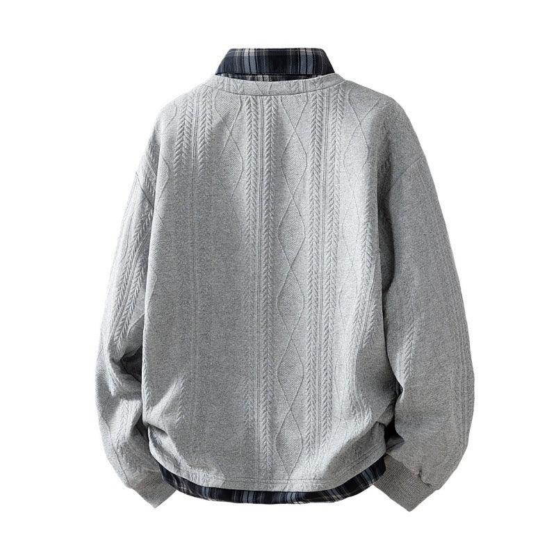 Herren strukturierter V-Ausschnitt-Layerpullover mit integriertem Karohals-Einsatz EB