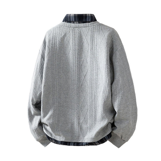 Herren strukturierter V-Ausschnitt-Layerpullover mit integriertem Karohals-Einsatz EB