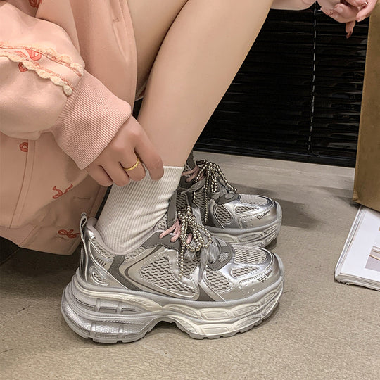 Damen sportliche Sneakers mit modischem Perlen-Schnürsystem EB