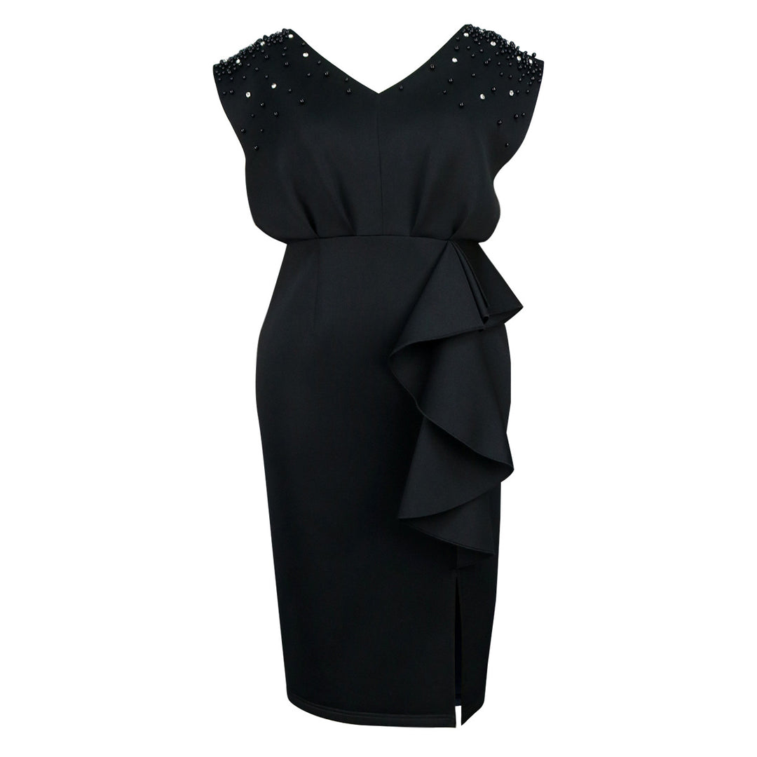 Damen elegantes Wickelkleid mit schimmernden Perlen und asymmetrischem Rüschensaum EB